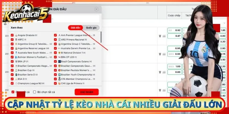 Cập nhật tỷ lệ kèo nhà cái nhiều giải đấu lớn